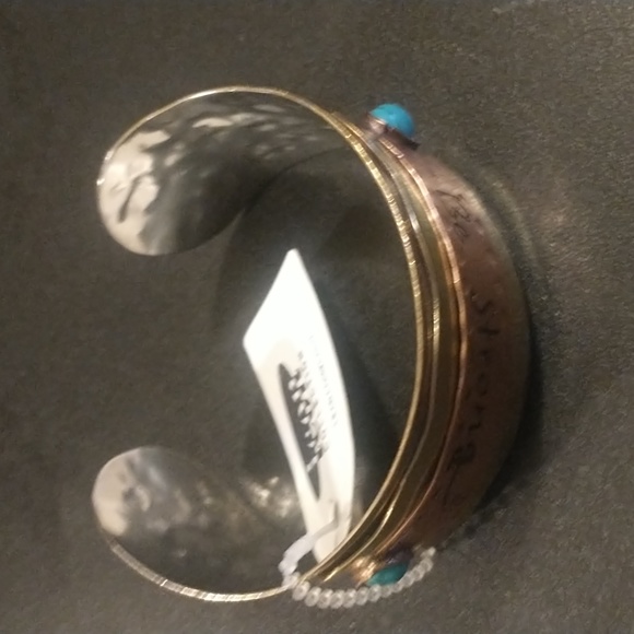 ICON Oversized Cuff Bracelet Metallic tooled metals w/ beaded accents BE STRONG! - Picture 7 of 9